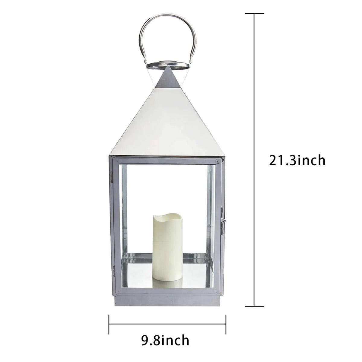 21-Inch Modern Chrome Metal Candle Lantern With LED Candle