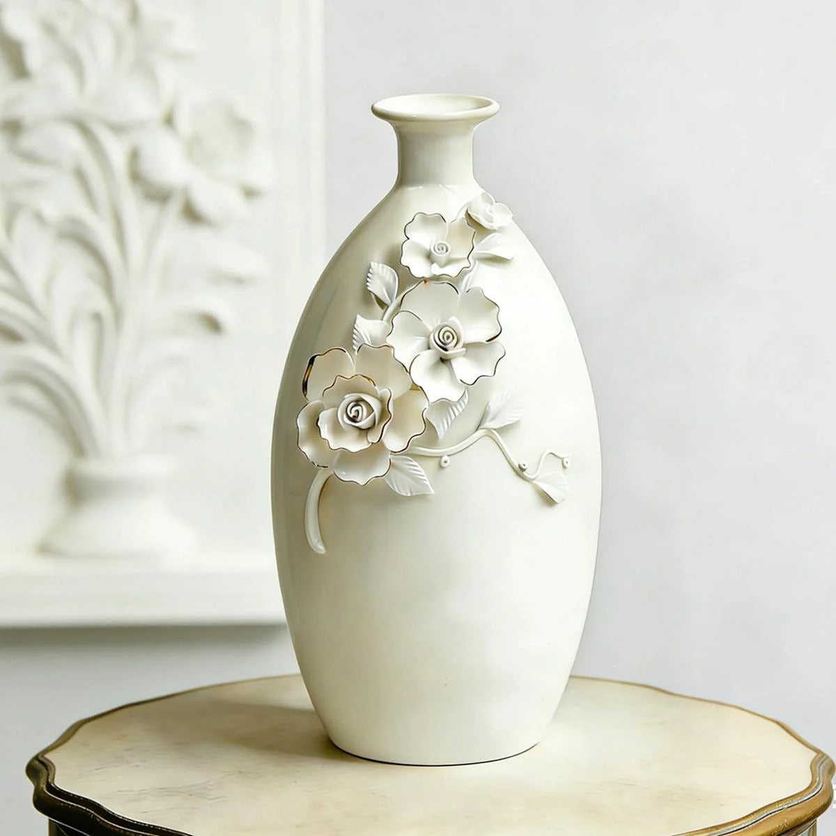 11-Inch White and Gold Flower Ceramic Table Vase