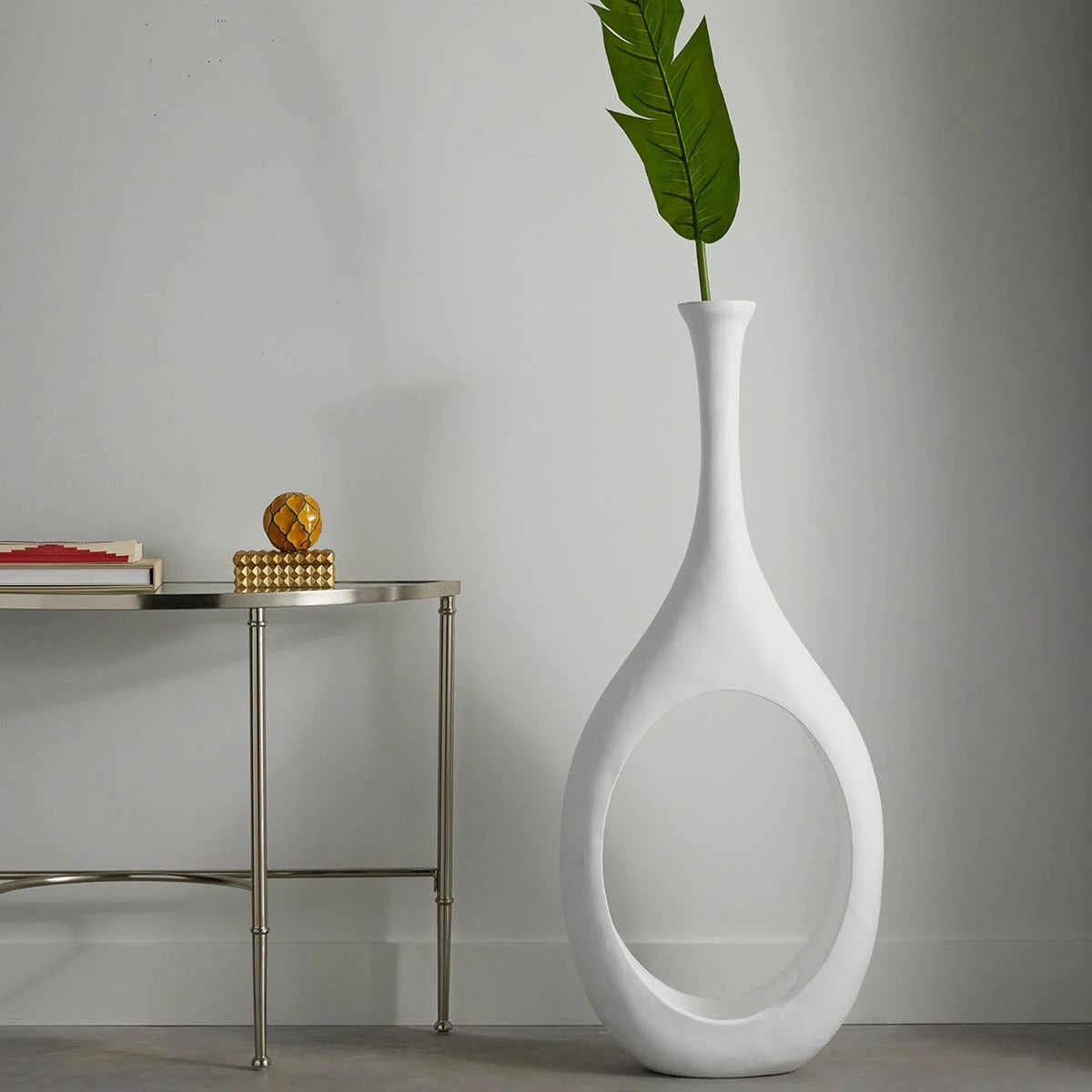 48-Inch Modern Open Circle White Magnesium Oxide Floor Vase
