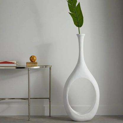 48-Inch Modern Open Circle White Magnesium Oxide Floor Vase