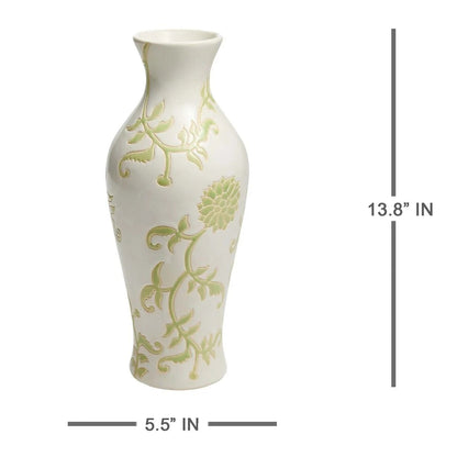 13.6-Inch Green and White Floral Ceramic Table Vase