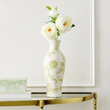 13.6-Inch Green and White Floral Ceramic Table Vase