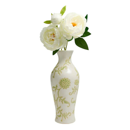 13.6-Inch Green and White Floral Ceramic Table Vase