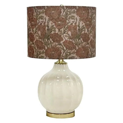 23-Inch Cream Ceramic Table Lamp With Floral Fabric Drum Shade