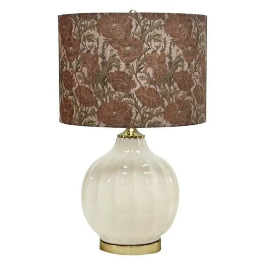 23-Inch Cream Ceramic Table Lamp With Floral Fabric Drum Shade