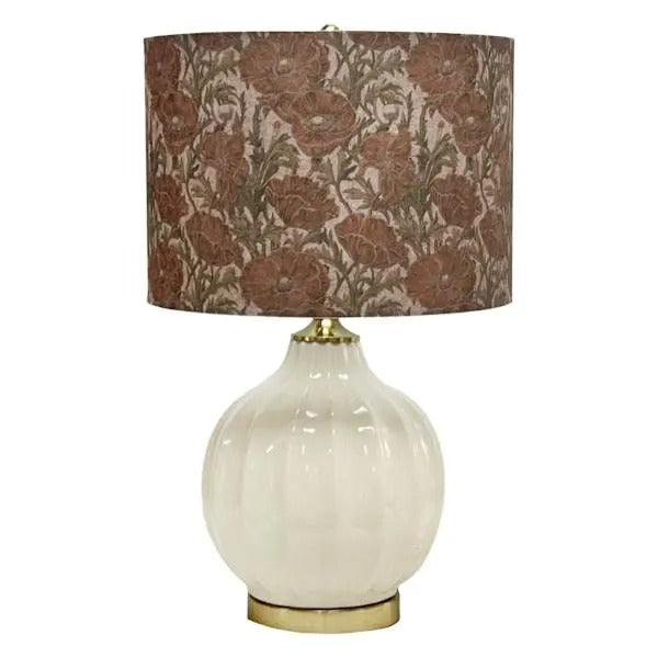 23-Inch Cream Ceramic Table Lamp With Floral Fabric Drum Shade