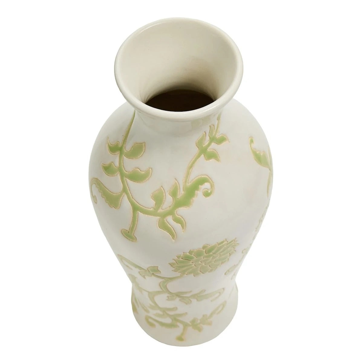 13.6-Inch Green and White Floral Ceramic Table Vase