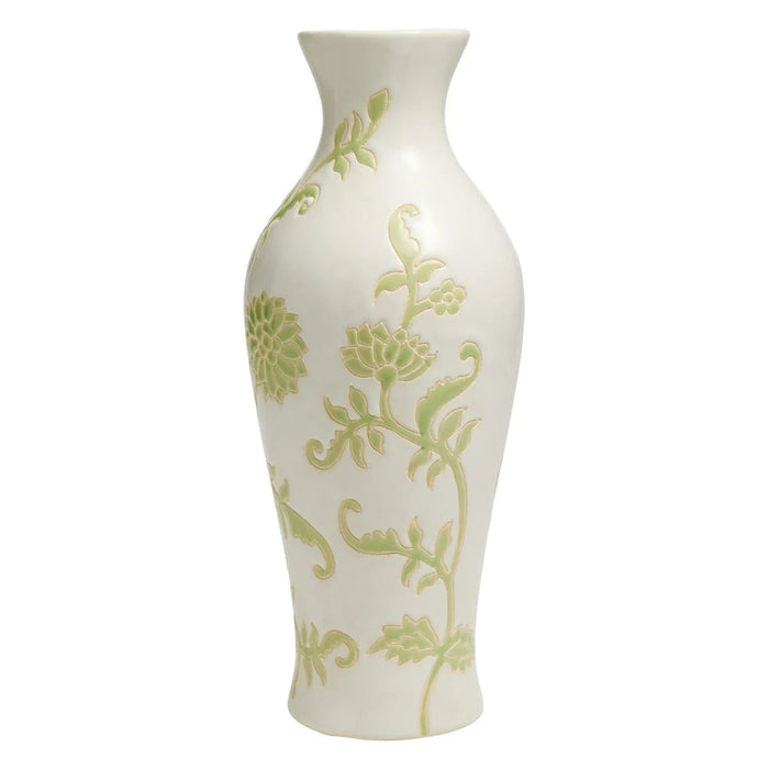 13.6-Inch Green and White Floral Ceramic Table Vase