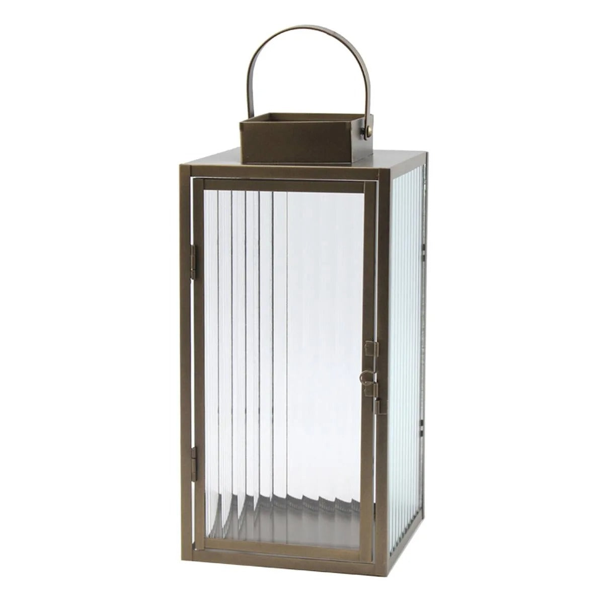 13-Inch Modern Copper Metal Lantern With Ribbed Glass