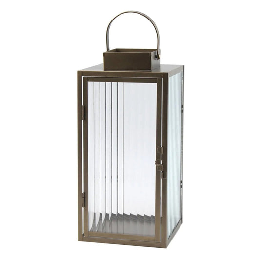 13-Inch Modern Copper Metal Lantern With Ribbed Glass