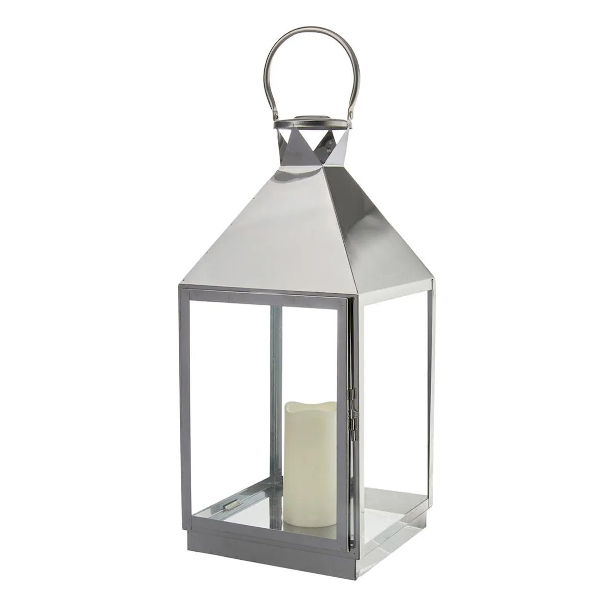 21-Inch Modern Chrome Metal Candle Lantern With LED Candle