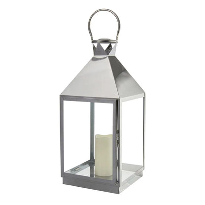 21-Inch Modern Chrome Metal Candle Lantern With LED Candle