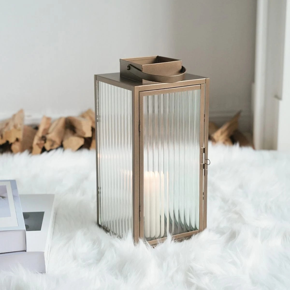 13-Inch Modern Copper Metal Lantern With Ribbed Glass