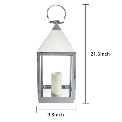 21-Inch Modern Chrome Metal Candle Lantern With LED Candle