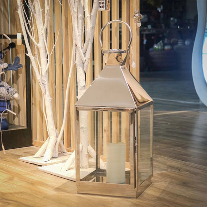 21-Inch Modern Chrome Metal Candle Lantern With LED Candle