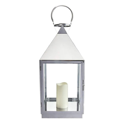 21-Inch Modern Chrome Metal Candle Lantern With LED Candle