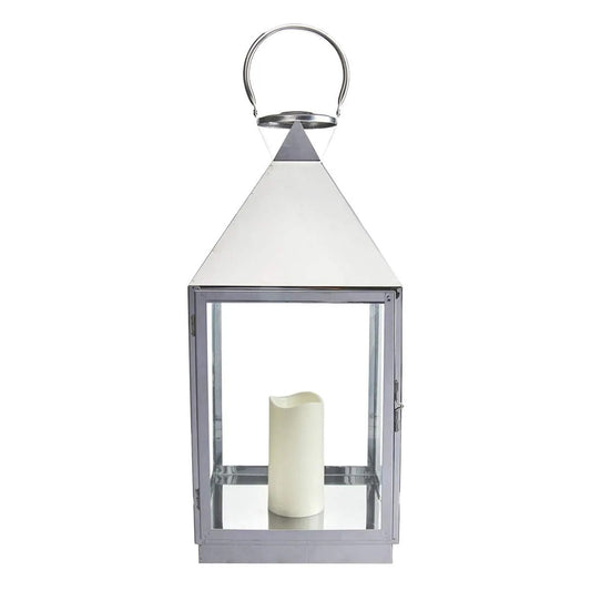 21-Inch Modern Chrome Metal Candle Lantern With LED Candle