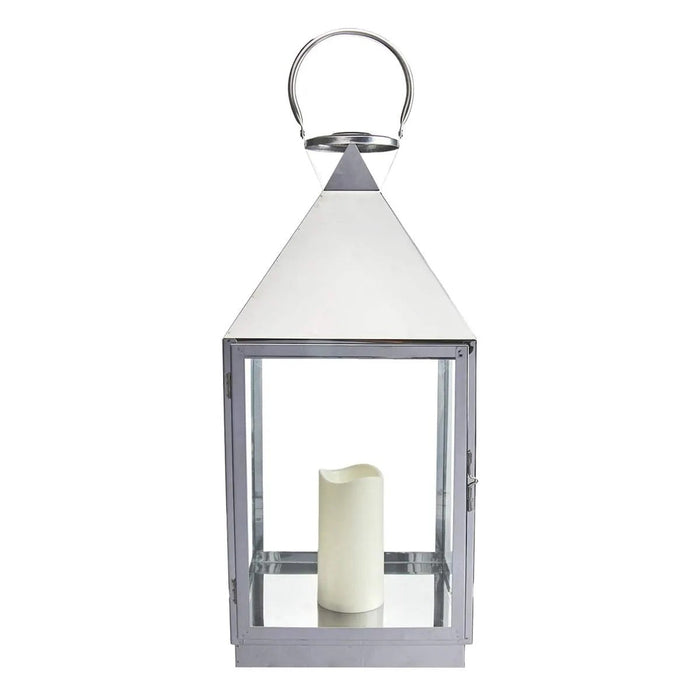 21-Inch Modern Chrome Metal Candle Lantern With LED Candle