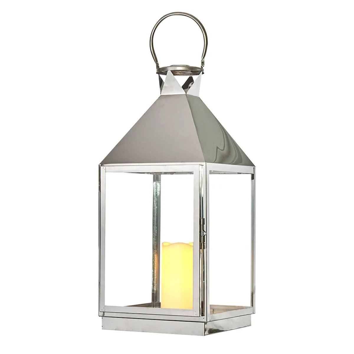 21-Inch Modern Chrome Metal Candle Lantern With LED Candle
