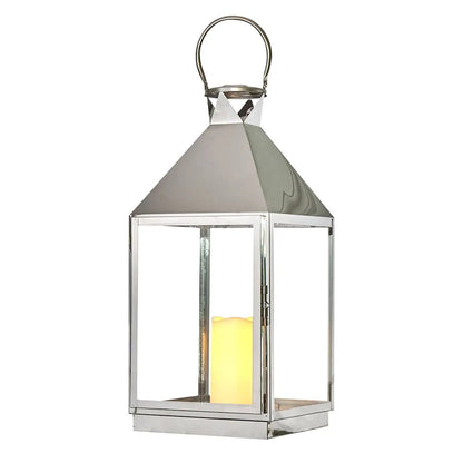 21-Inch Modern Chrome Metal Candle Lantern With LED Candle