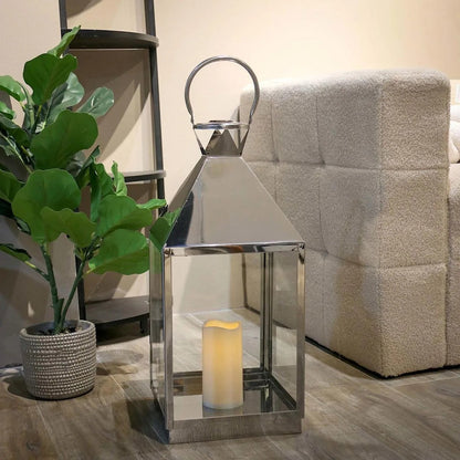 21-Inch Modern Chrome Metal Candle Lantern With LED Candle