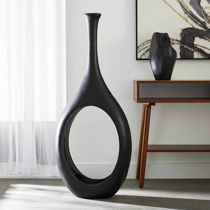 48-Inch Modern Open Circle Matte Black Magnesium Oxide Floor Vase