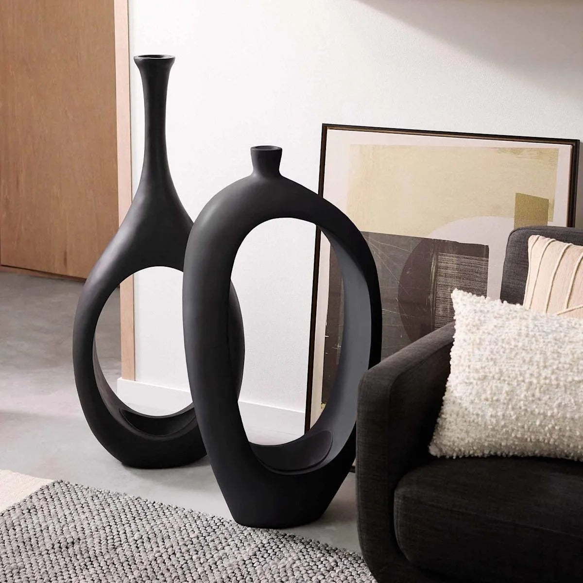 48-Inch Modern Open Circle Matte Black Magnesium Oxide Floor Vase
