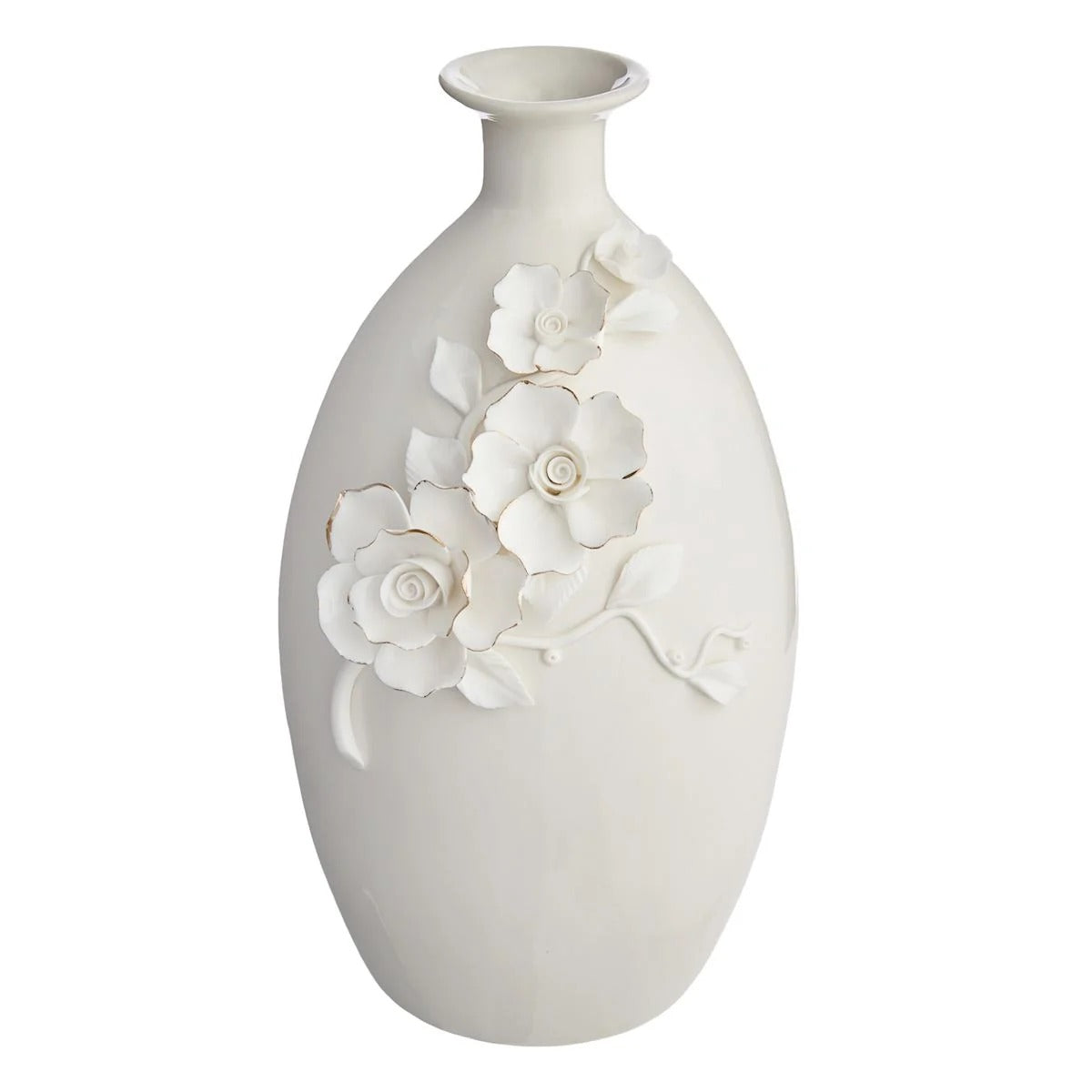 11-Inch White and Gold Flower Ceramic Table Vase