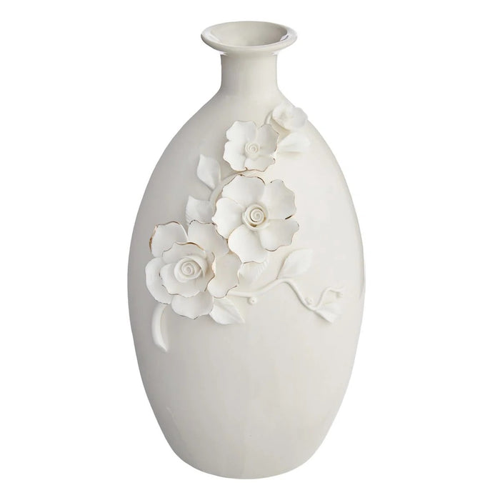 11-Inch White and Gold Flower Ceramic Table Vase