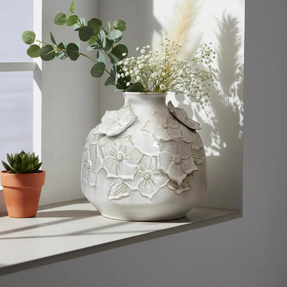 10-Inch Modern White Floral Ceramic Table Vase